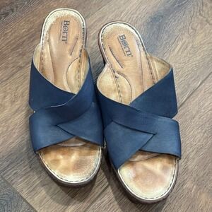 Born Cross Strap Leather Wedge‎ Sandals Slides Comfort Casual Blue Size 10M
